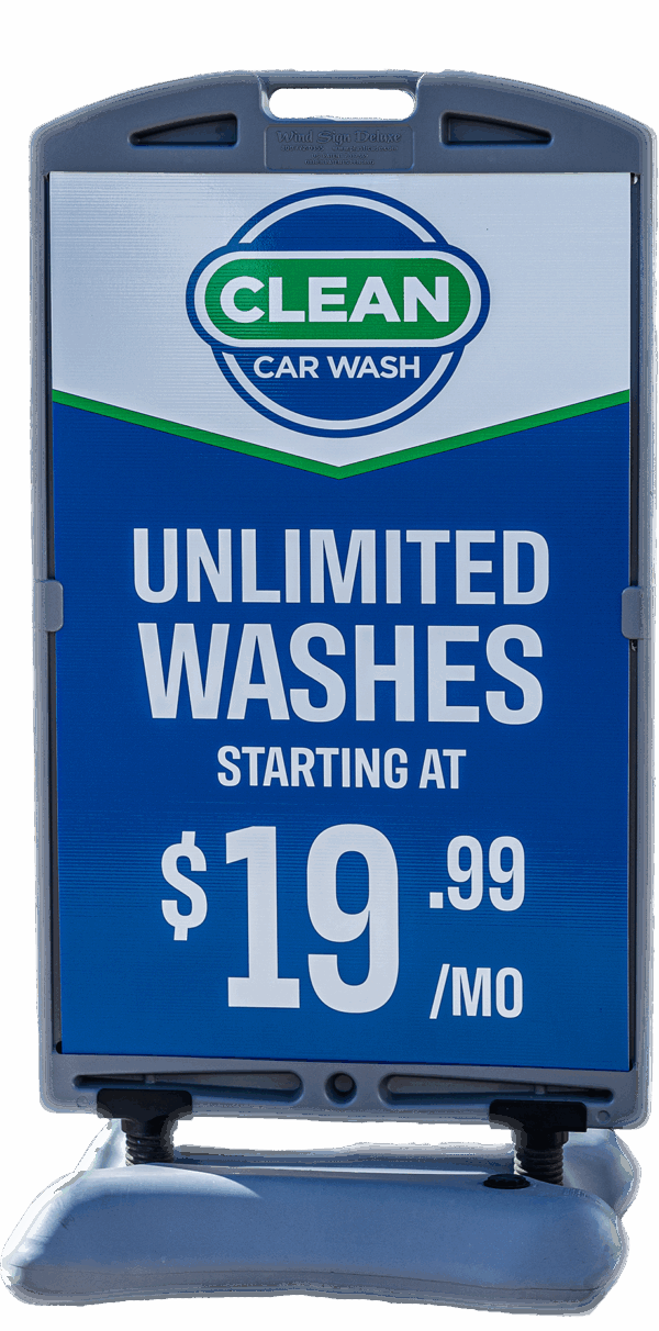Signage for Clean Car Wash and Detail's car wash membership program starting at $19.99 per month.